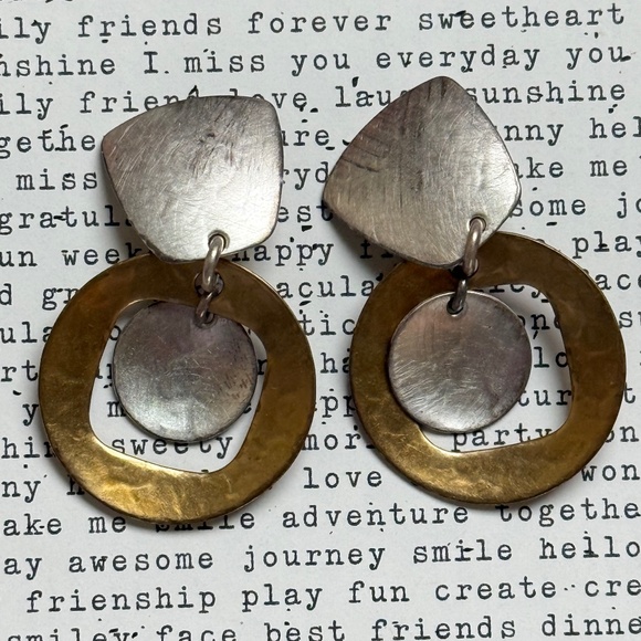 VINTAGE MB SF Earrings Clip Hammered Two Tone Metal Modern Geometric Lightweight - Picture 6 of 7
